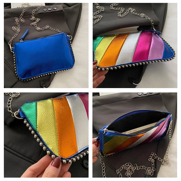 Regenbogen Gestreifte Damen Tasche – Leichte Ketten Crossbody, Schulter & Clutch Handtasche | Modische Handy Tasche Kaufschwan®