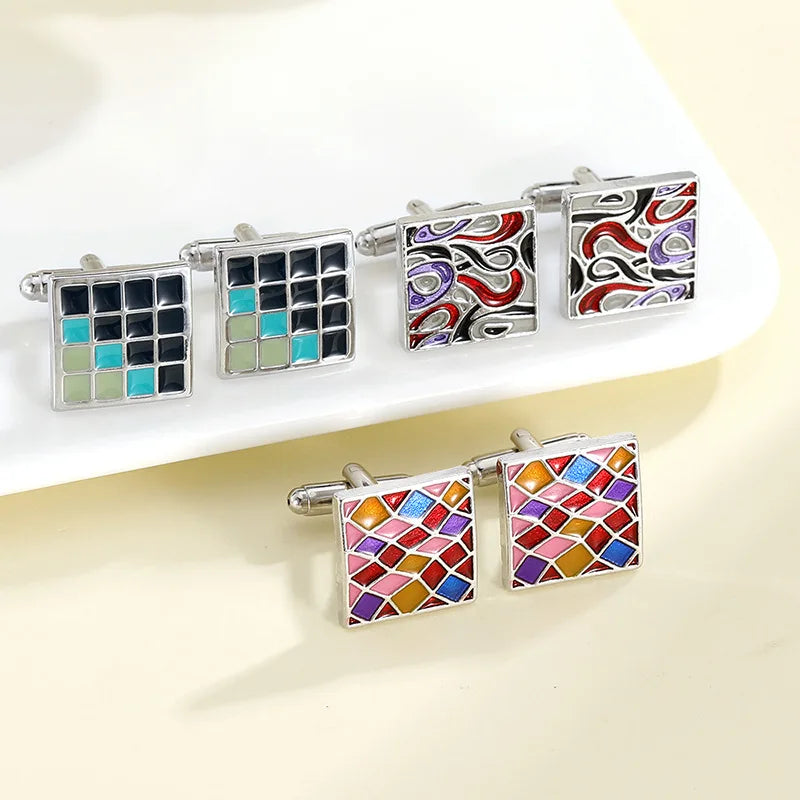 Herren Manschettenknöpfe – Buntes Emaille Quadrat Design | Modische Kariert Bemalte Metallknöpfe für Hemden & Anzüge Kaufschwan®