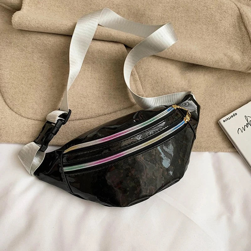 Holografische Gürteltasche – Laser PU Leder Hüfttasche | Reise Bum Bag, Crossbody Schultertasche für Damen & Mädchen Kaufschwan® Schwarz