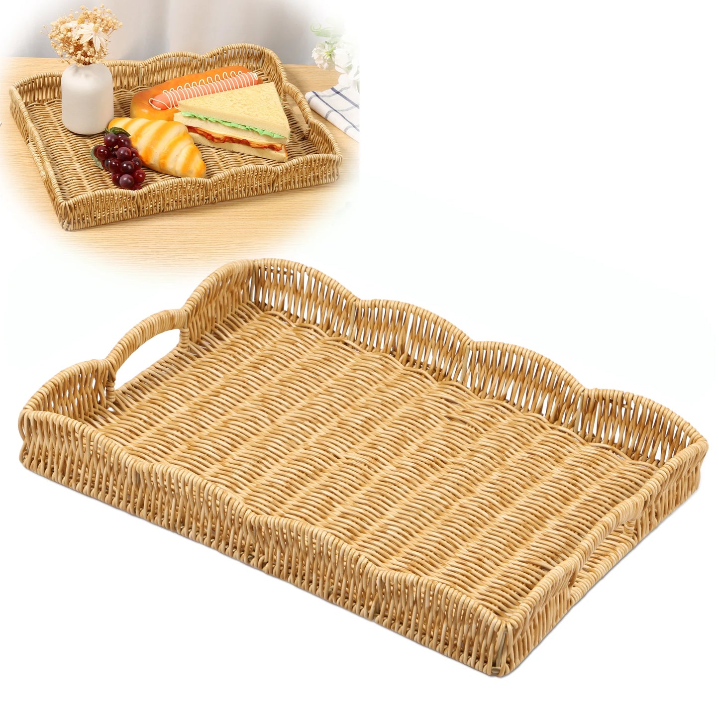 Rechteckiges Tablett in Rattan-Optik – Vintage Dekoratives Serviertablett, Multifunktionales Ordnungs- & Ablage-Tablett Kaufschwan®