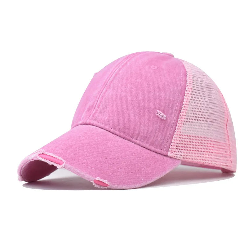 Washed Cotton Mesh Baseballkappe | Vintage Ripped Leichte Kappe für Herren & Damen | Atmungsaktive Frühlings- & Sommermode Kaufschwan® Rosa