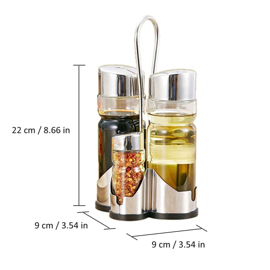 4-in-1 Gewürzflaschen Set mit Halter – Öl- & Essigspender, Salz- & Pfefferstreuer | Glas Cruet Set mit Ständer Kaufschwan®