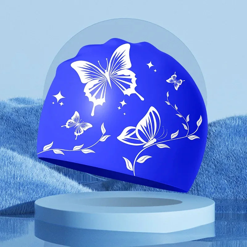 Wasserdichte Schwimmkappe mit Schmetterlingsmuster – Elastische Silikon Schwimmhaube für Langes Haar & Ohrenschutz | Unisex Erwachsene Kaufschwan® Blau Einheitsgröße
