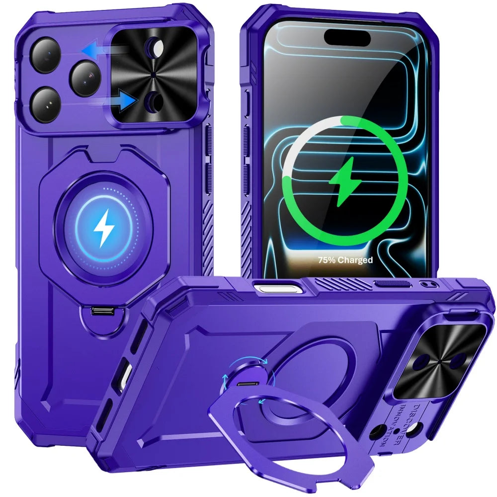 Hochwertige Mecha-Armor MagSafe-Hülle für iPhone 18 Pro & iPhone 18 Pro Max – Magnetischer Ständer mit Verschiebbarem Kameraschutz Kaufschwan® Lila iPhone 18 Pro
