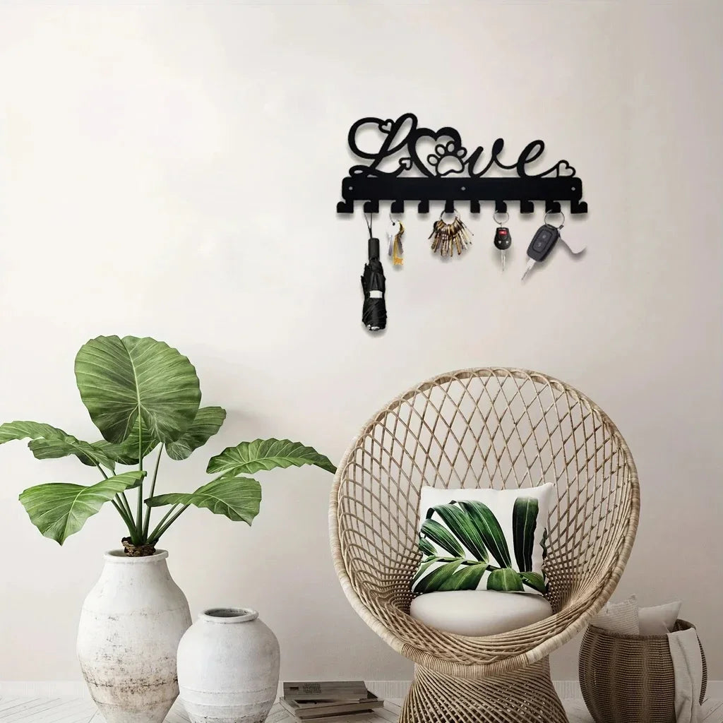 LOVE Metall Schlüsselhalter – Schwarzer Wandhaken aus Eisen mit 10 Haken | Dekorative Organizer-Leiste für Handtücher, Taschen, Kleidung, Caps & Schlüssel
