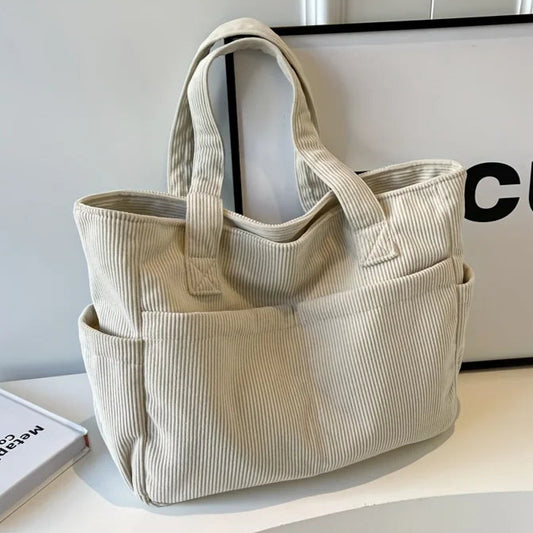 Damen Casual Cord Tote Bag – Gestreifte Schultertasche mit Reißverschluss | Große Kapazität Handtasche für Alltag & Shopping Kaufschwan® Beige