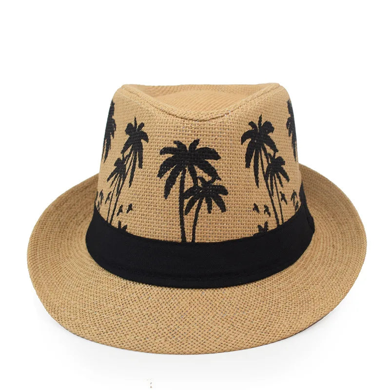 Sommer Strohhut – Herren & Damen, Kokosbaum-Muster, Outdoor Atmungsaktiv, Tropischer Jazz Fedora, Panama Hut Kaufschwan®