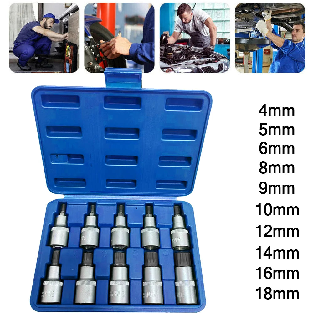 10-teiliges 1/2" Antrieb Multi-Zahn Steckschlüssel Set M4-M18 Innensechskant Ratschen Kit