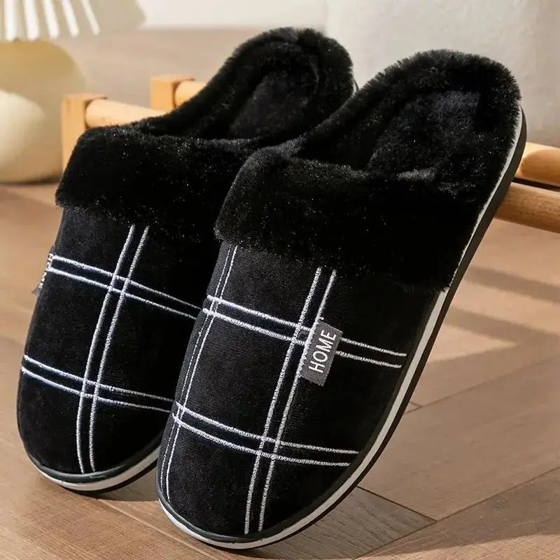 Herren Hausschuhe Kariert mit Memory-Schaum | Warme Plüsch Winter-Schuhe | Rutschfeste Hausschuhe Schwarz | Größe 50–51 Kaufschwan®