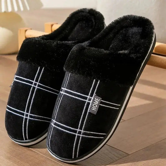 Herren Hausschuhe Kariert mit Memory-Schaum | Warme Plüsch Winter-Schuhe | Rutschfeste Hausschuhe Schwarz | Größe 50–51 Kaufschwan®