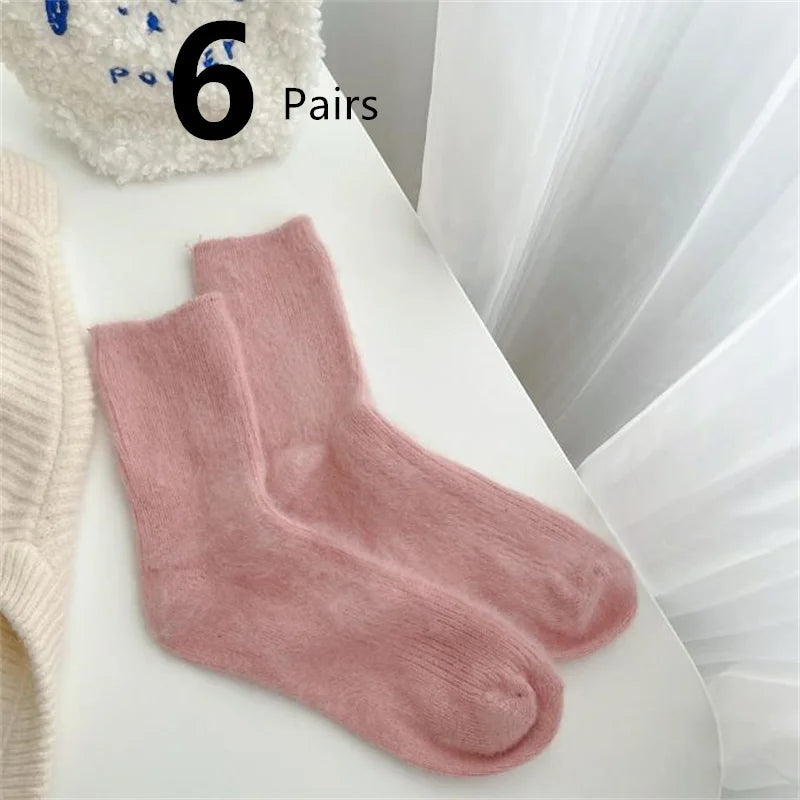 1-12 Paare Damen Herbst Winter Dicke Warme Mittellange Socken | Modische Macaron Farbige Flauschige Bequeme Freizeit Socken Kaufschwan® 6 Paare - Rosa Einheitsgröße