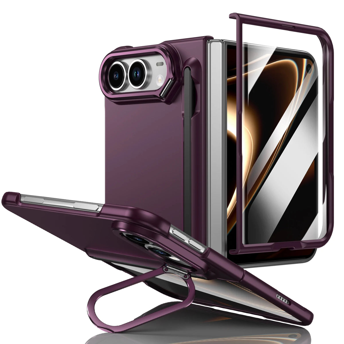 Schützende Klapphülle für iPhone Duo – Stoßfeste Hart-PC-Hülle mit Stifthalter, Displayschutz, Scharnierschutz und Metallständer Kaufschwan® Weinrot iPhone Duo