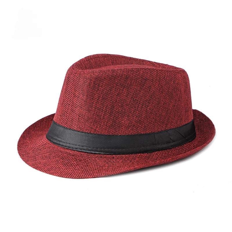 Jazz Fedora Hut – Strand Leinen Top Hat für Herren & Damen, Frühling & Sommer, Sonnenschutz Outdoor Kaufschwan® Rot