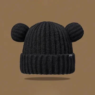 Süße Bärenohren Strickmütze – Dicke Plüsch Wintermütze für Damen & Mädchen | Niedliche Harajuku Gothic Korean Style Beanie Kaufschwan® Schwarz