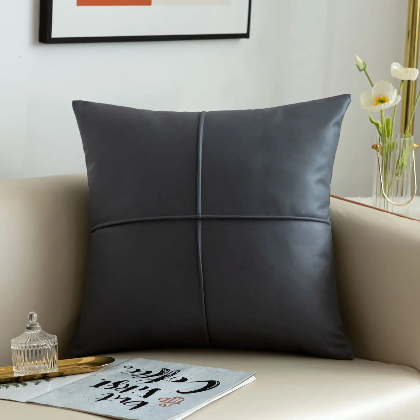 Luxus Kunstleder Dekokissen | Rechteckiges Sofakissen für Wohnzimmer Kaufschwan® Grau 45x45cm