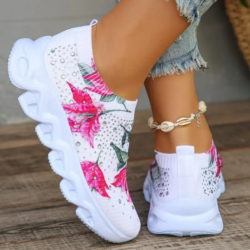 Kristall Blumen Damen Strick-Sneaker – Sommer Atmungsaktive Air Mesh Freizeitschuhe | Leichte Sportschuhe & Walking Flats Kaufschwan®