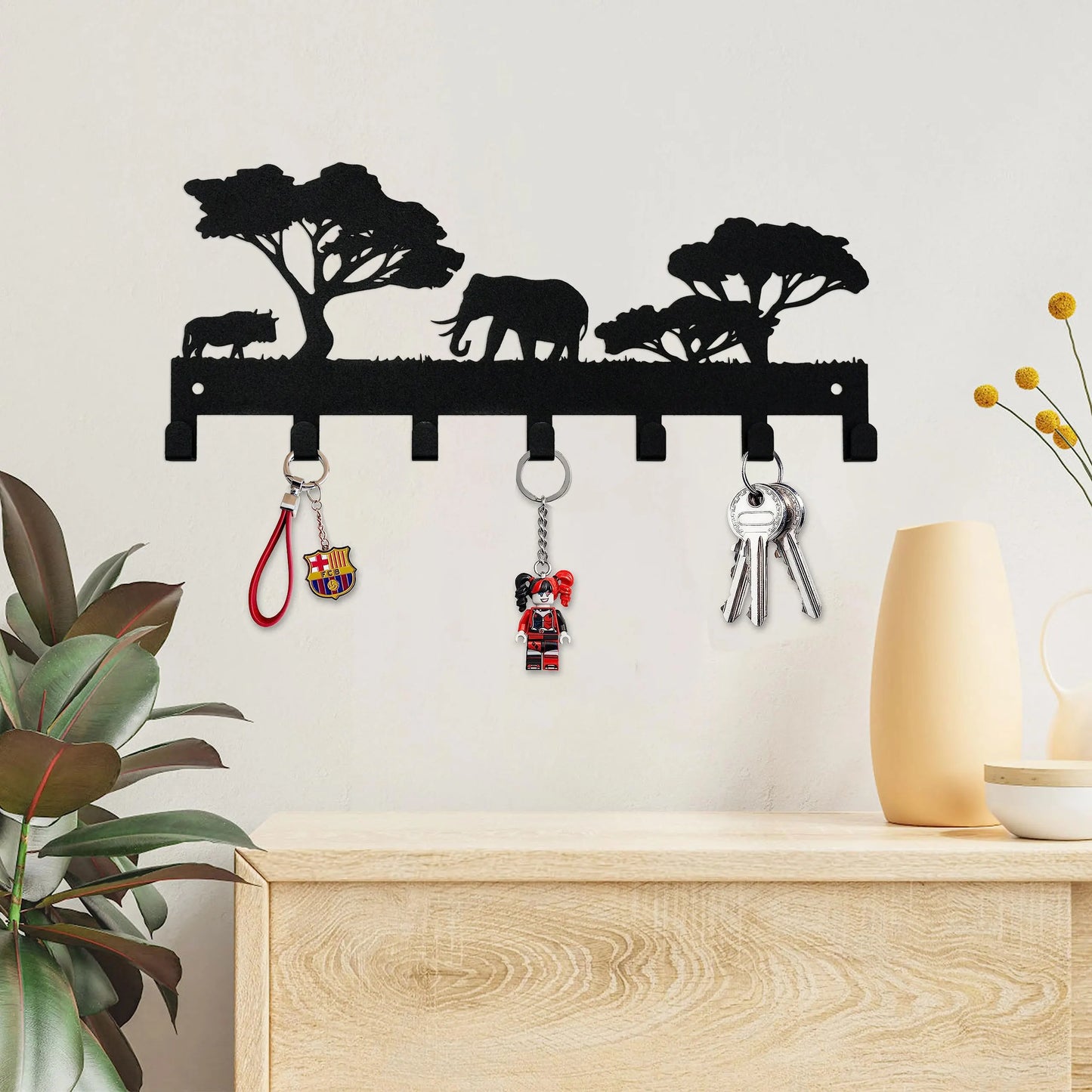 Metall Schlüsselhalter Elefant – Schwarzer Wandhaken mit 7 Haken | Dekorativer Schlüssel Organizer aus Eisen für Schlüssel, Taschen & Handtücher