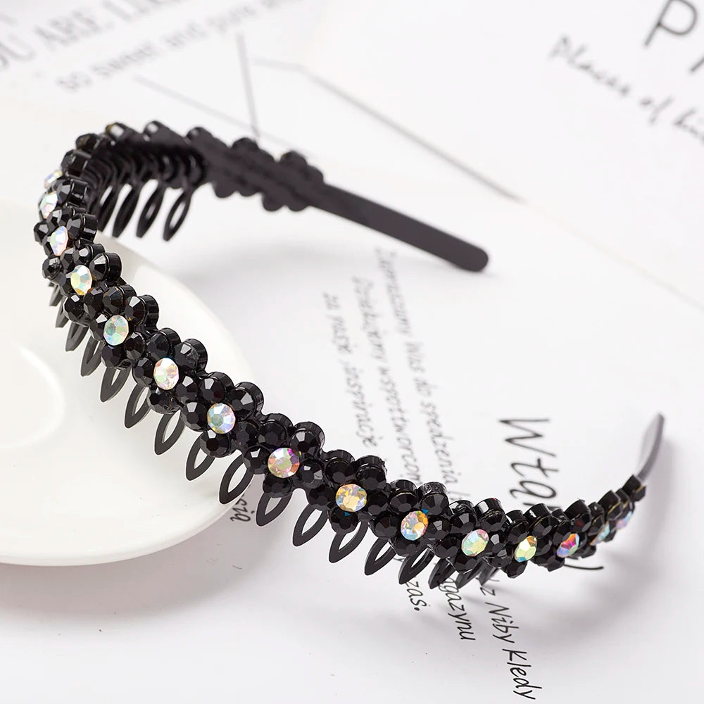 Eleganter Haarreif mit Perlen & Strass – Elastisches, rutschfestes Stirnband mit Blumen für Damen & Mädchen Kaufschwan® Schwarz 2