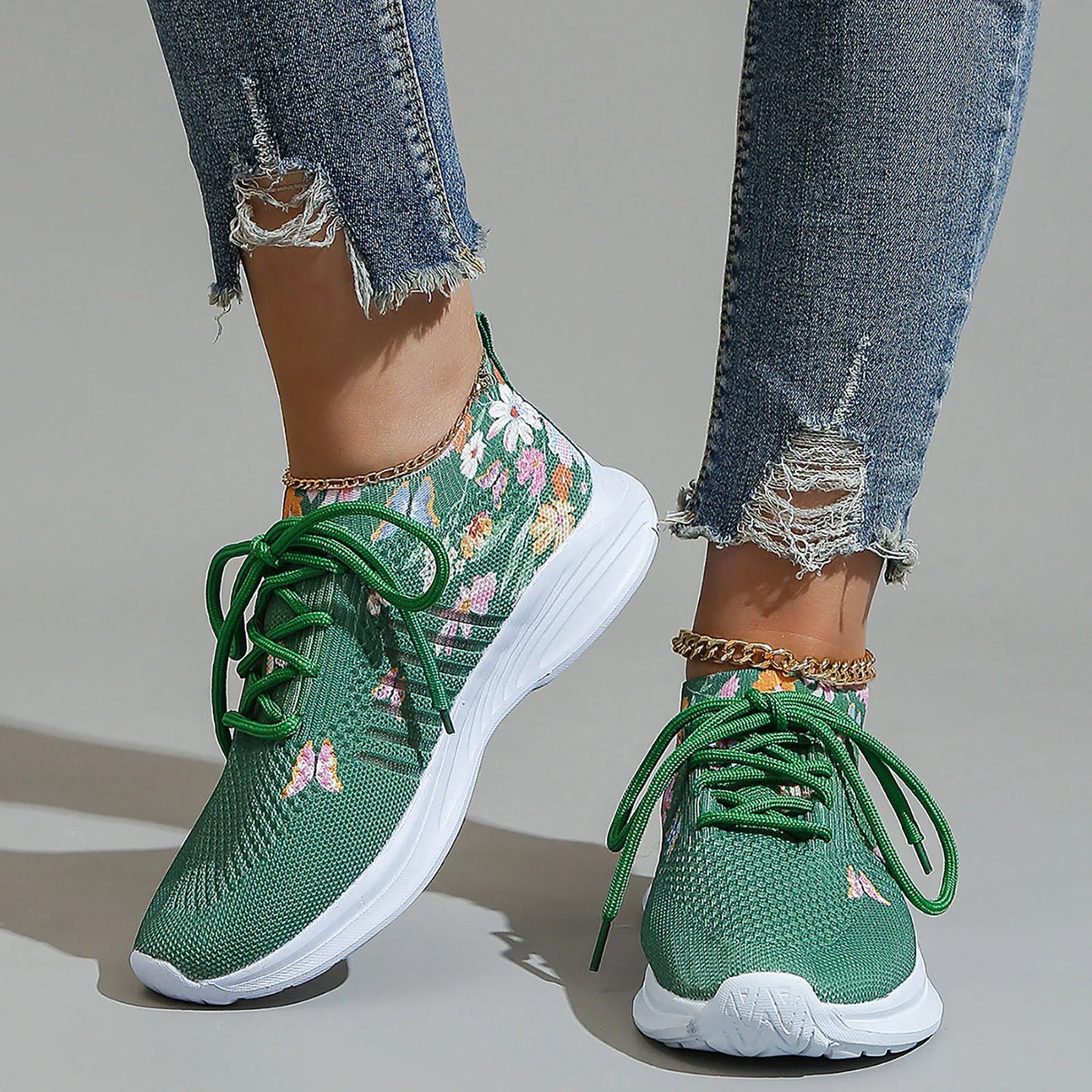 Damen Atmungsaktive Strick-Sneaker – Flying Weave Mesh Schnürschuhe | Runde Zehenform, Weiche Sohle & Bequeme Freizeitschuhe Kaufschwan® Grün 38
