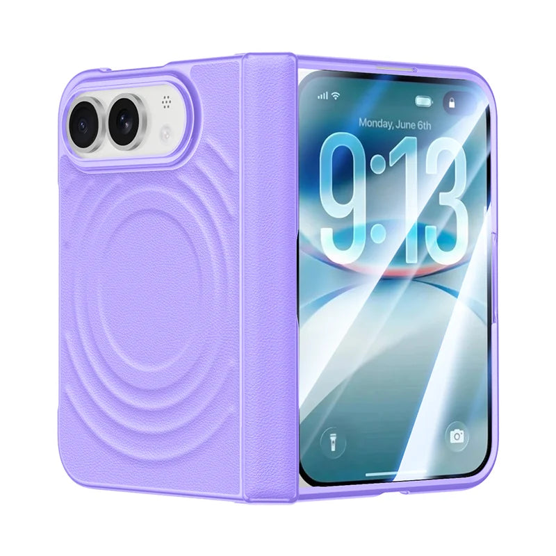 Luxuriöse Magnetische Lederhülle für iPhone Duo – MagSafe-Kompatible Schutzhülle mit Kabellosem Laden, Schutzfolie, Scharnier- und Stoßschutz Kaufschwan® Lila iPhone Duo