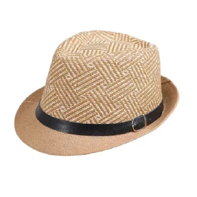 Retro Sonnenhut – Britischer Top Hat Stil, Geometrischer Strohhut mit Gürtel, Unisex Strand & Partner Fedoras