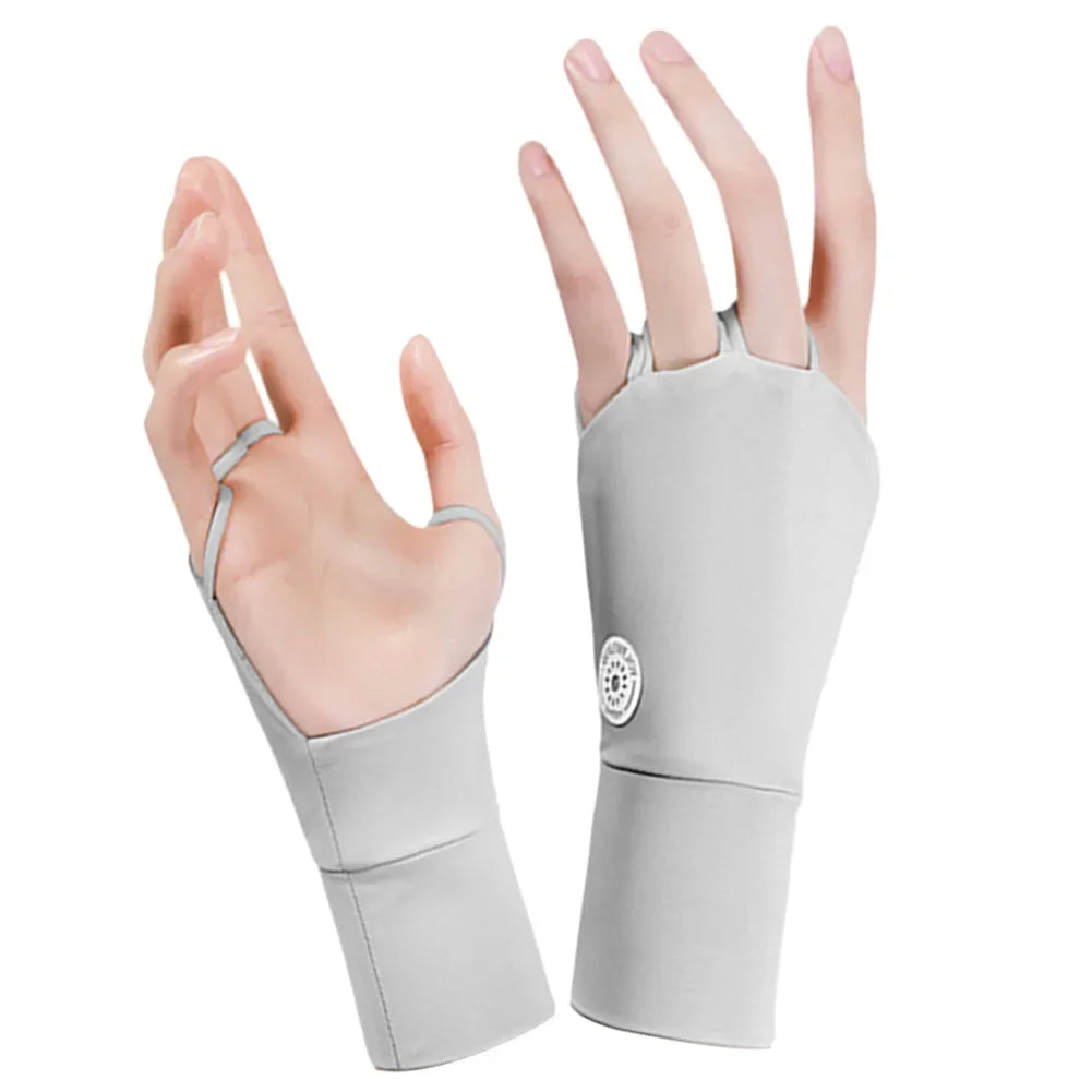 Damen Halbfinger UV-Schutz Handschuhe – Atmungsaktive Ice Silk Golfhandschuhe | Elastische Outdoor Sonnenschutz Fitness Handschuhe Kaufschwan® Hellgrau