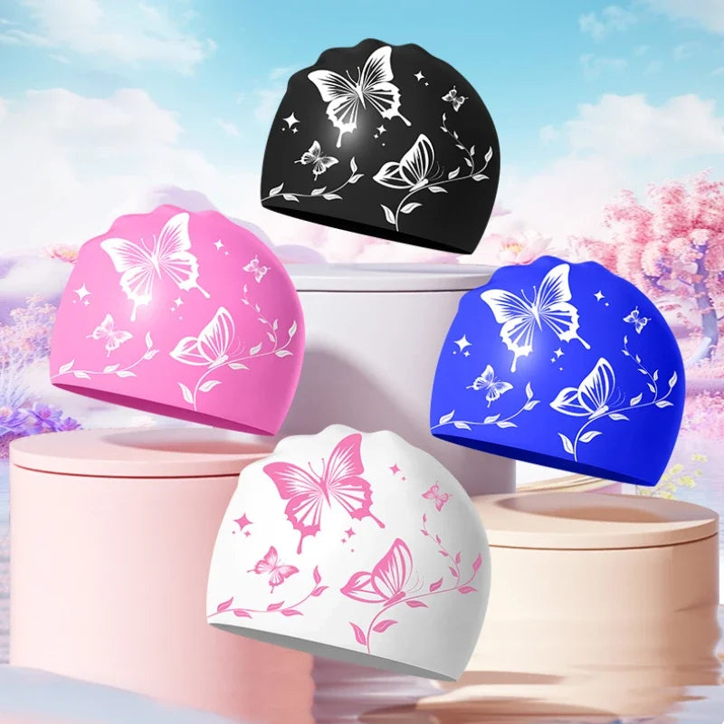 Wasserdichte Schwimmkappe mit Schmetterlingsmuster – Elastische Silikon Schwimmhaube für Langes Haar & Ohrenschutz | Unisex Erwachsene Kaufschwan®