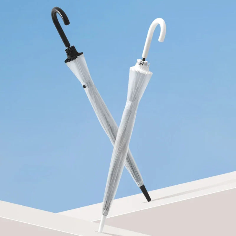 Transparenter Regenschirm – Windfester 16-Streben Langgriff-Schirm für Damen, Wasserdichter Großer Halbautomatischer Regenschirm
