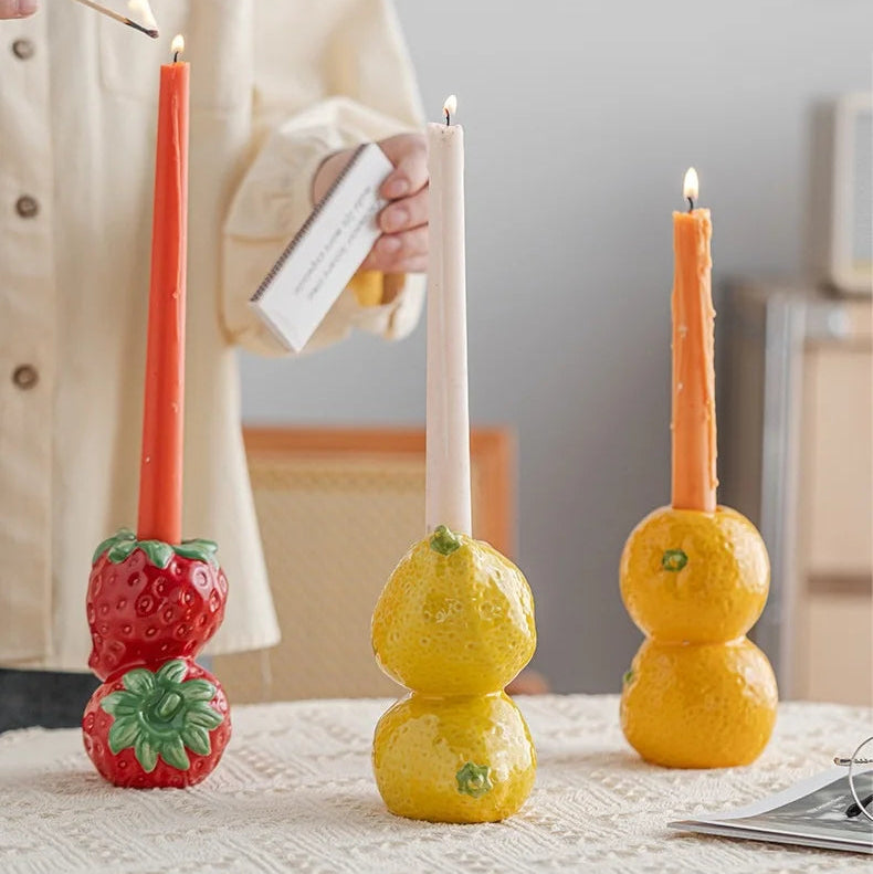 Keramik Früchte Kerzenhalter – Zitronen-, Orangen- & Erdbeer-Figuren Kerzenständer für Tisch- & Wohndekoration Kaufschwan®