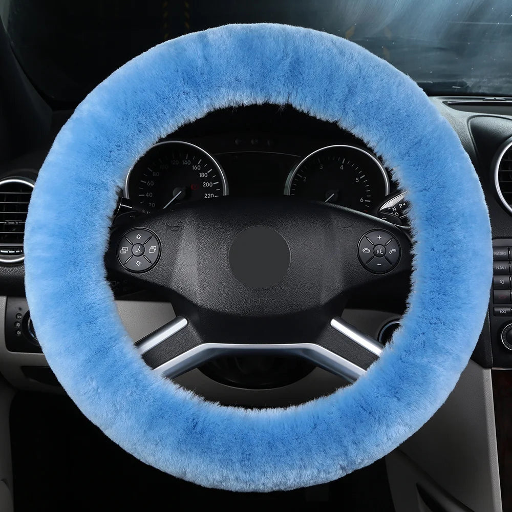 Dicker Woll-Lenkradbezug – Weicher Flauschiger Rutschhemmender Winterbezug für 36,5–38,5cm Lenkräder Kaufschwan® Himmelblau