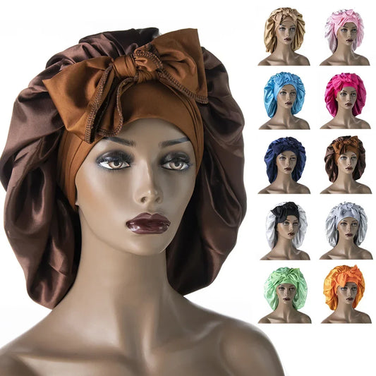 Breite Satin-Schlafhaube für Damen – Elastische Nachthaube mit Langem Bindeband für die Haarpflege Kaufschwan®