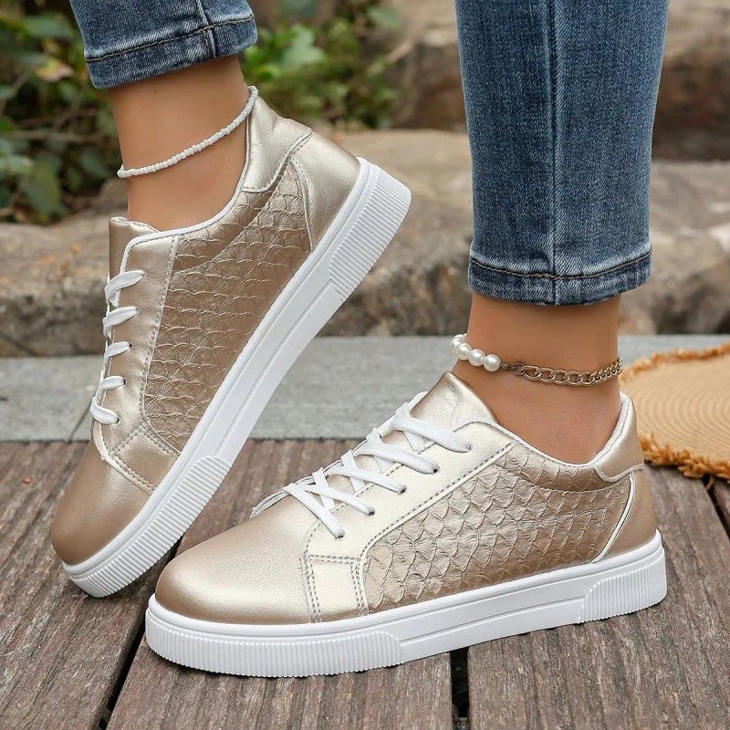 Damen Sneaker in Gold & Silber – Übergröße 42 | Frühling & Herbst Schnürschuhe aus Weichem PU Leder | Modische Freizeitschuhe Kaufschwan® Gold 36