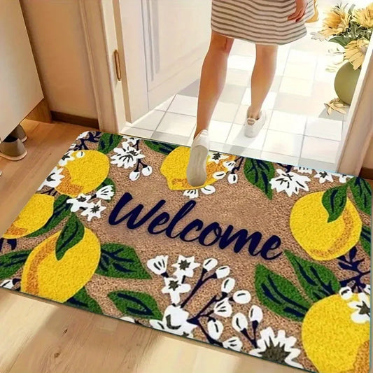 Willkommensmatte – Zitronen- und Blumenmuster mit „Welcome“-Schriftzug, Langlebige Matte für Innen- und Außenbereich Kaufschwan® 80X120cm