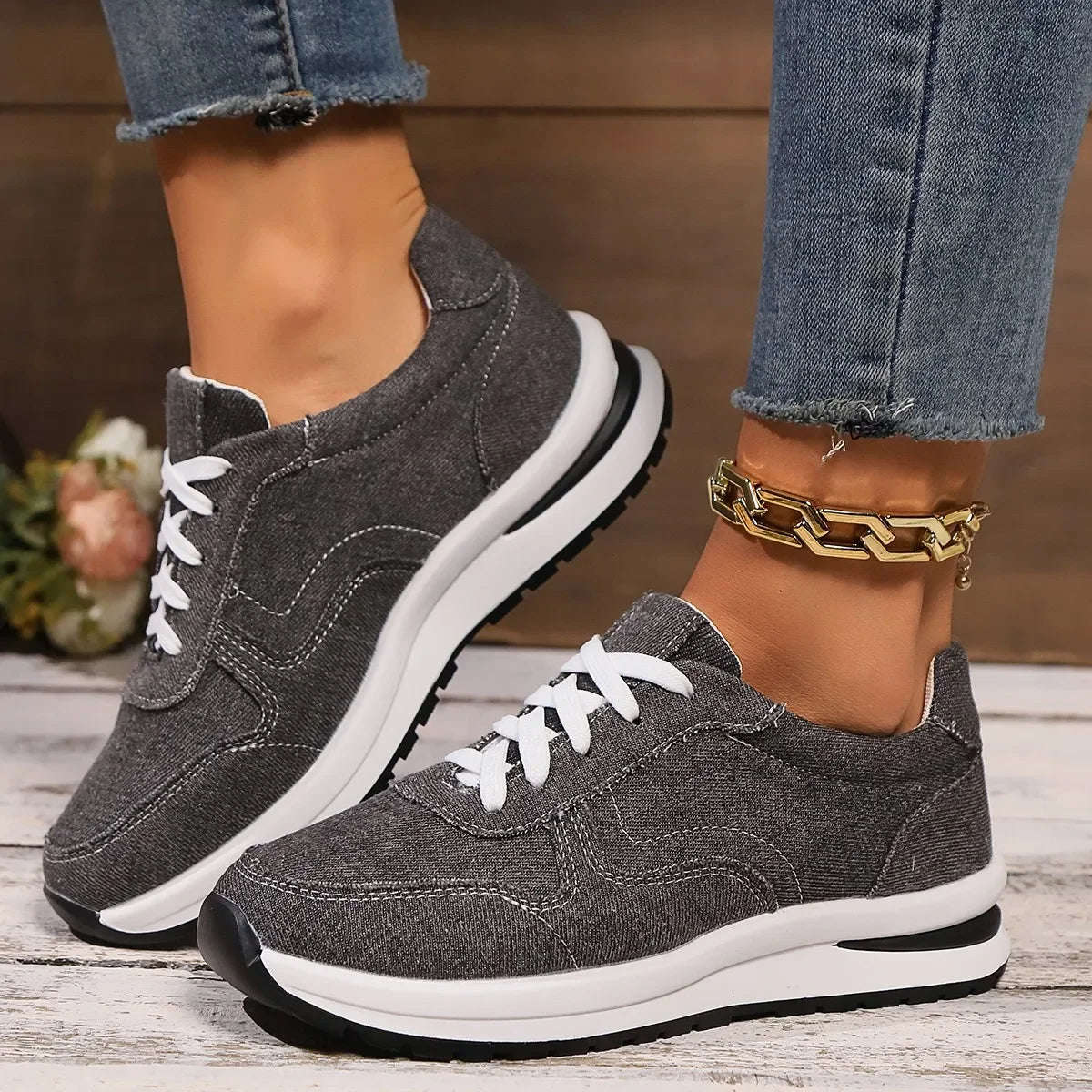 Blaue Denim Damen Plateau-Sneaker – Modische Schnürschuhe mit Dicker Sohle | Bequeme Freizeit-Sneaker in Übergrößen bis 43 Kaufschwan®