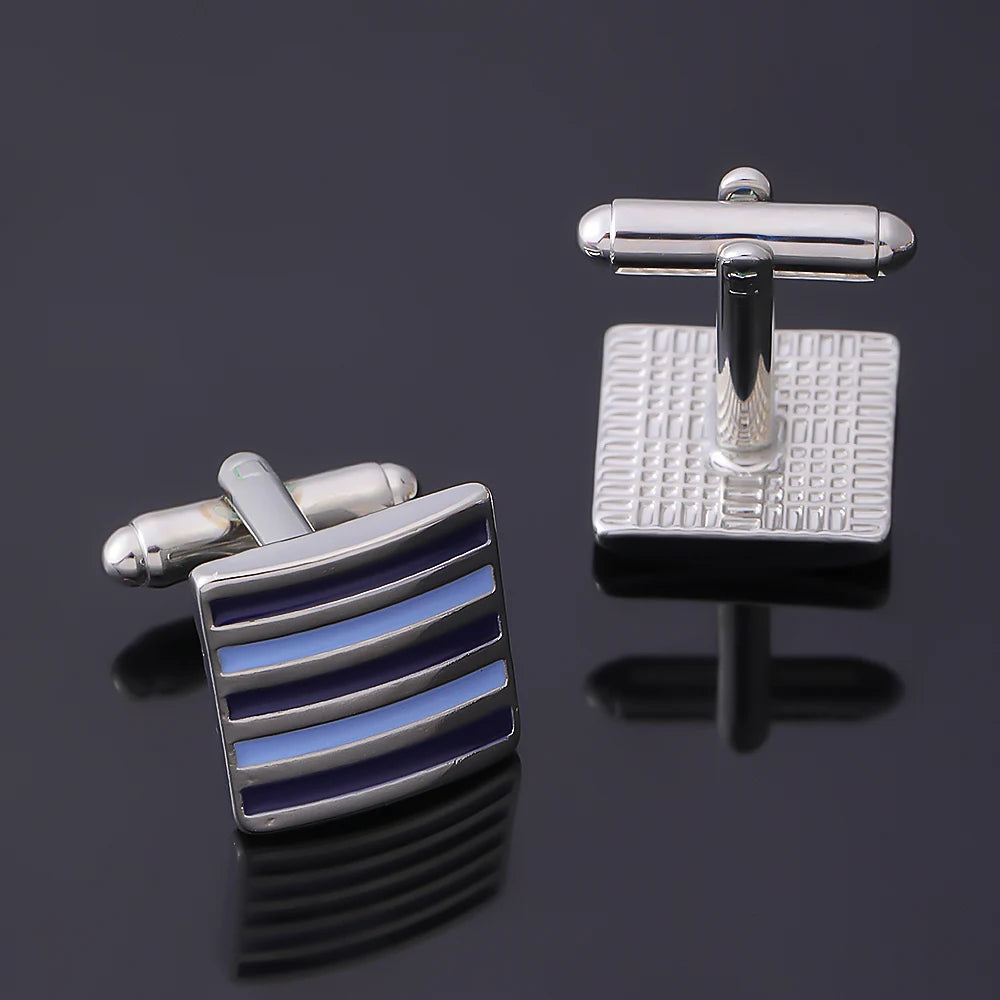 Neo-Gothic Royalblaue Herren Manschettenknöpfe – Hochwertige Französische Legierung | Quadratisches Emaille Streifen-Design für Business & Luxus Kaufschwan®