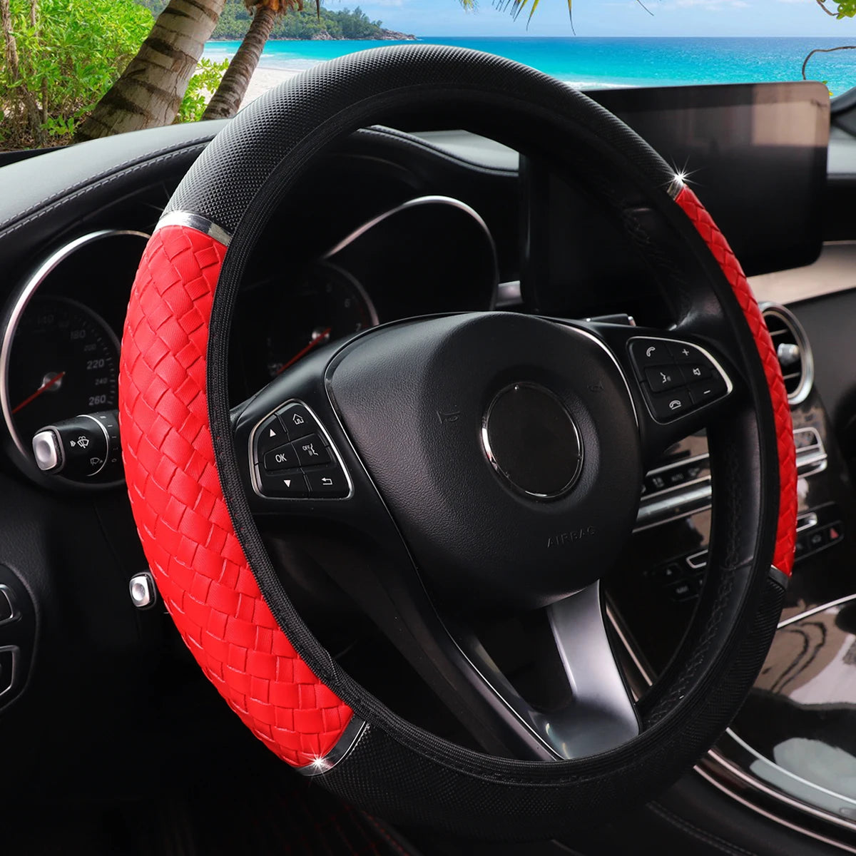 Leder-Lenkradbezug mit Metallstreifen – Modische Ringlose Lenkradabdeckung als Autodekoration Kaufschwan® Rot