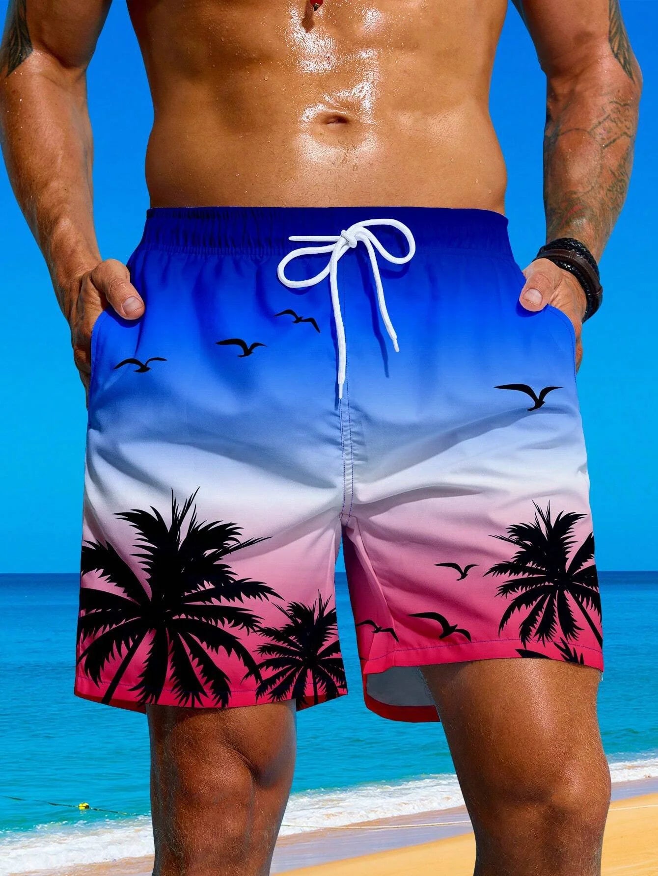 Herren Badeshorts mit Palmenmuster – Sommer Boardshorts mit Kordelzug | 3D Druck Atmungsaktive Strandshorts Streetwear