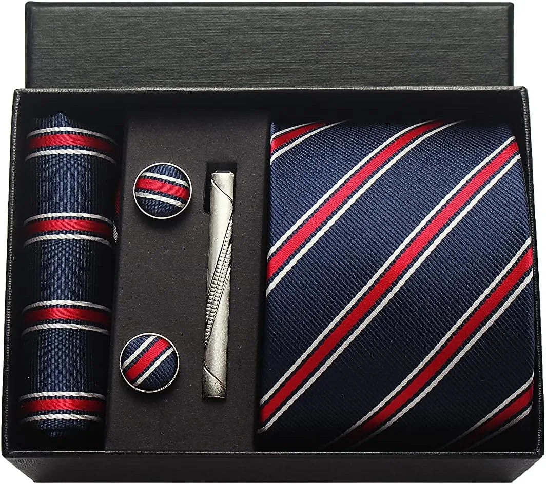 Herren Krawatten-Set aus 100% Seide – 8 cm Krawatte mit Einstecktuch & Manschettenknöpfen | Klassisches Geschenkset für Business & Hochzeit