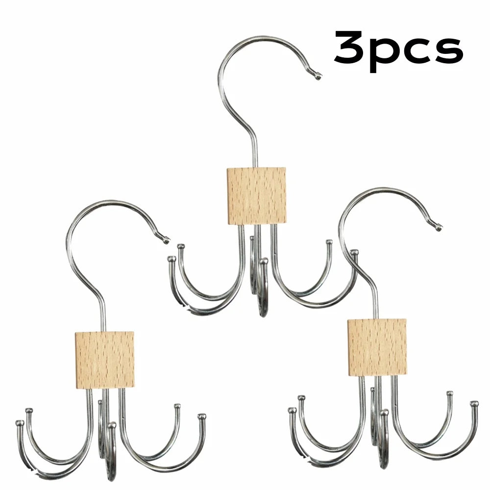 360° Drehbarer Multi Haken Kleiderbügel – Metall Gürtelhalter mit Holz Organizer für BHs und Krawatten Kaufschwan® Holzfarbe 3 Stück