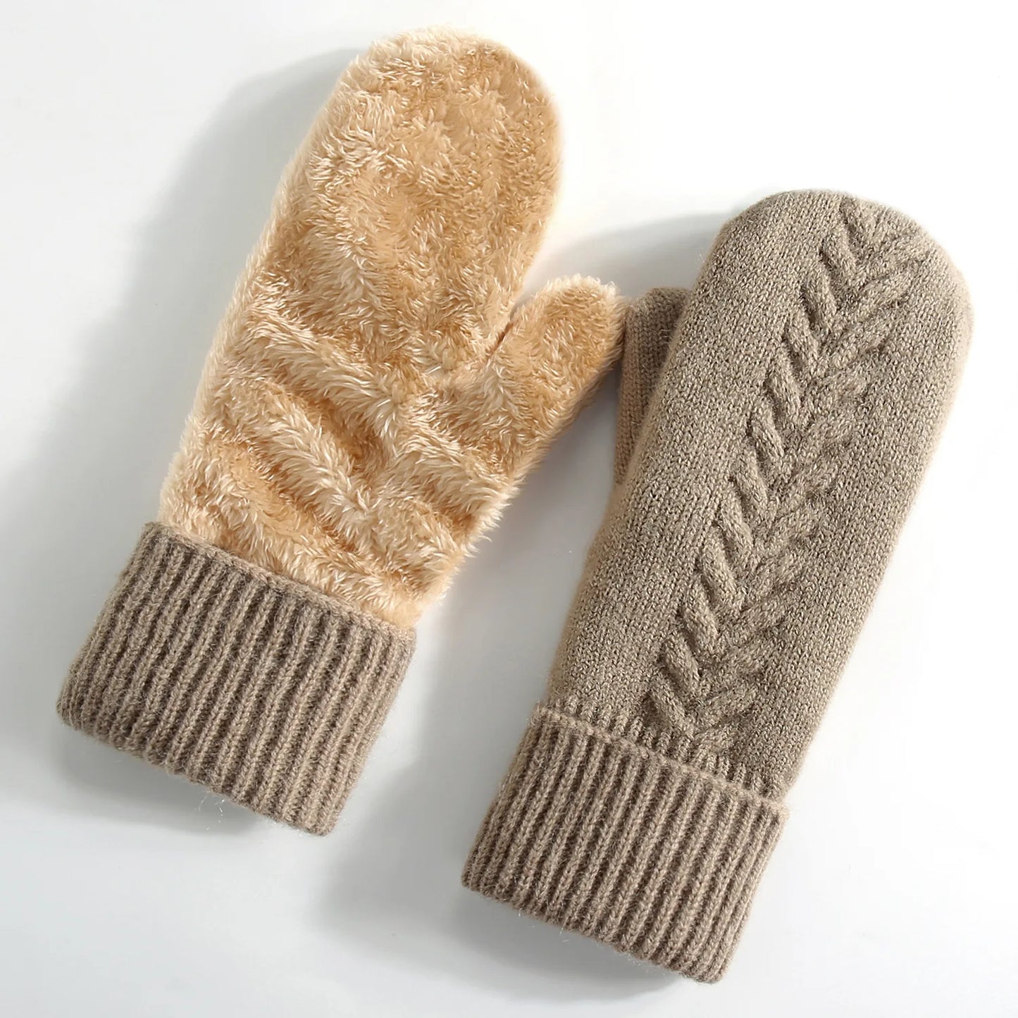 Strickhandschuhe Winter – Doppel-Layer Samt Gefüttert | Warme Verdickte Vollfinger Winterhandschuhe für Damen & Herren Kaufschwan® Beige Einheitsgröße