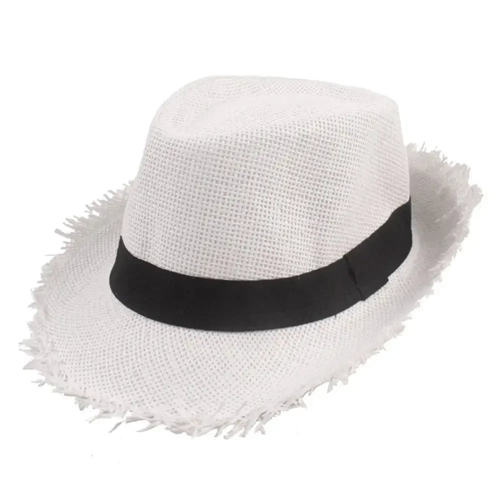 Strohhut für Damen & Herren – Atmungsaktiver Cowboy Sonnenhut mit breiter Krempe, Sommer Beach Jazz Cap Kaufschwan® Weiß