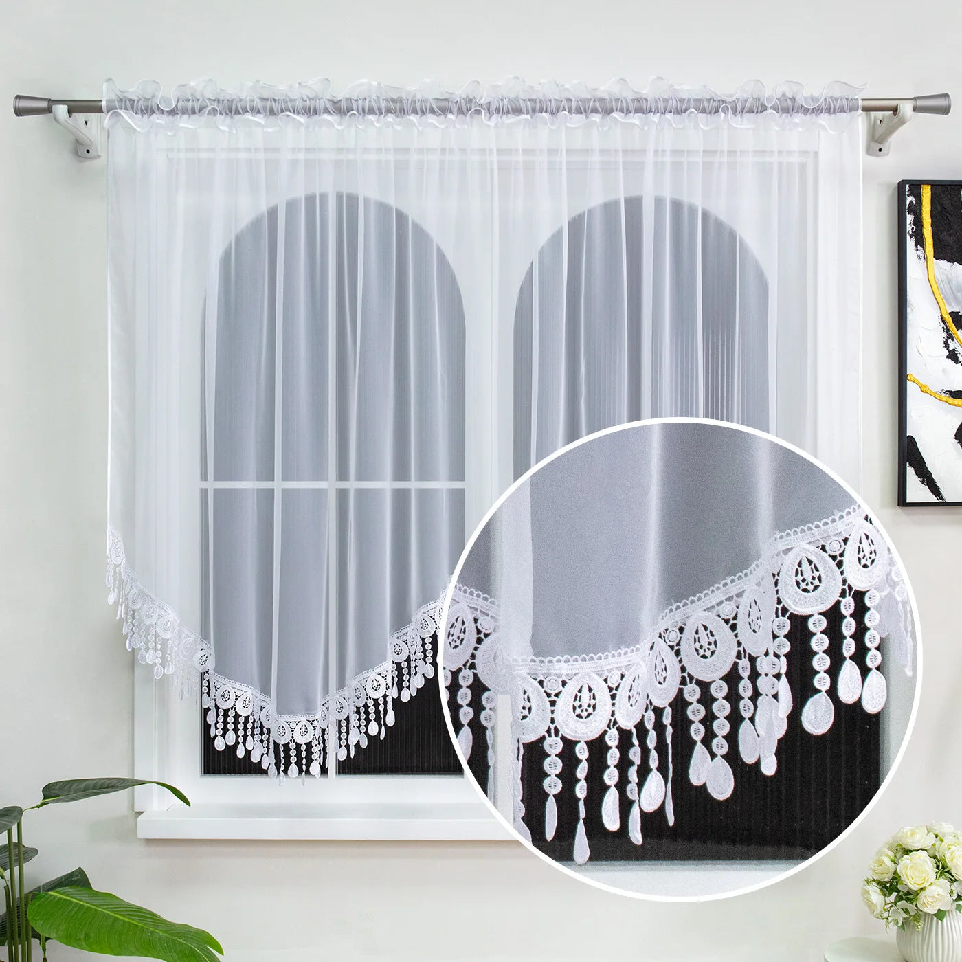 Weißer Bestickter Chiffon Vorhang für Café Wohnzimmer Hochzeit Dekoration Kaufschwan® Weiß W300xH150cm 1 Stück