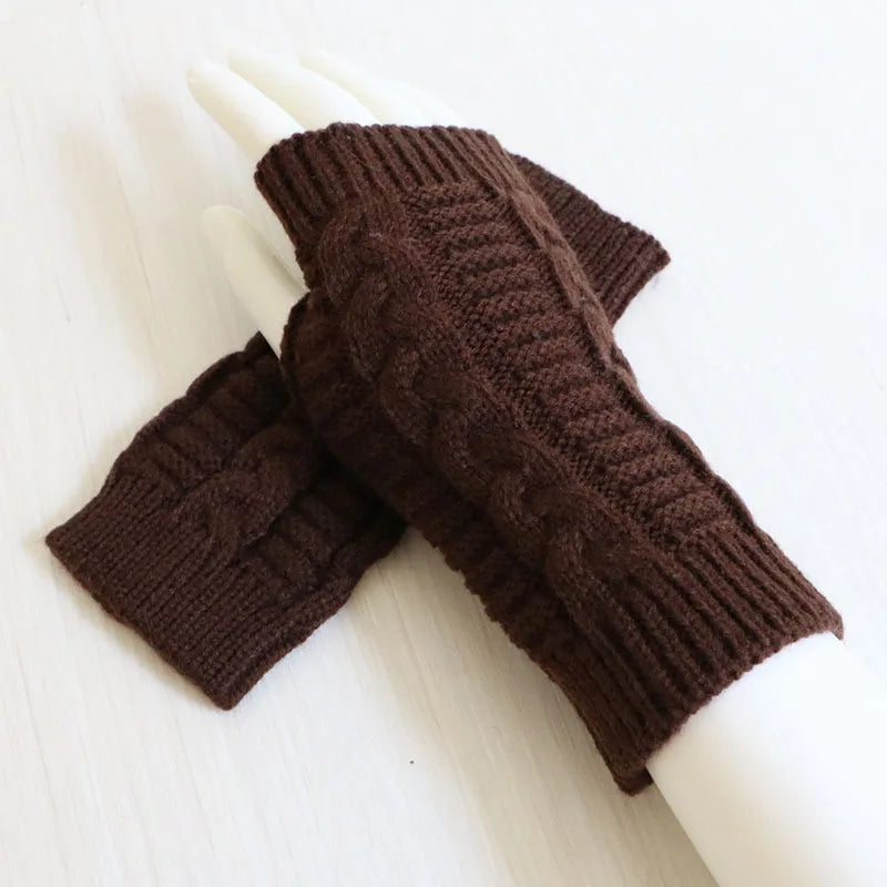 Damen Stylische Handwärmer – Fingerlose Strickhandschuhe | Winter Armwärmer mit Zopfmuster aus Kunstwolle Kaufschwan® Kaffeefarbe