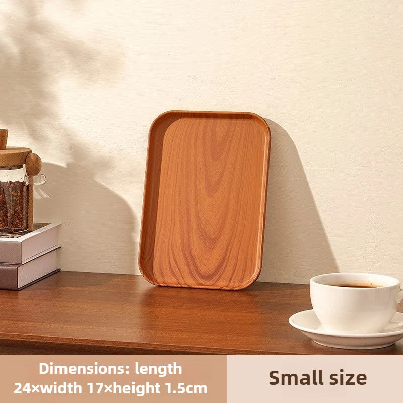 Rechteckiges Kunststoff-Serviertablett in Holzoptik – Multifunktionales Tablett für Haushalt & Gewerbe, Wasserbecher, Kuchen & Desserts