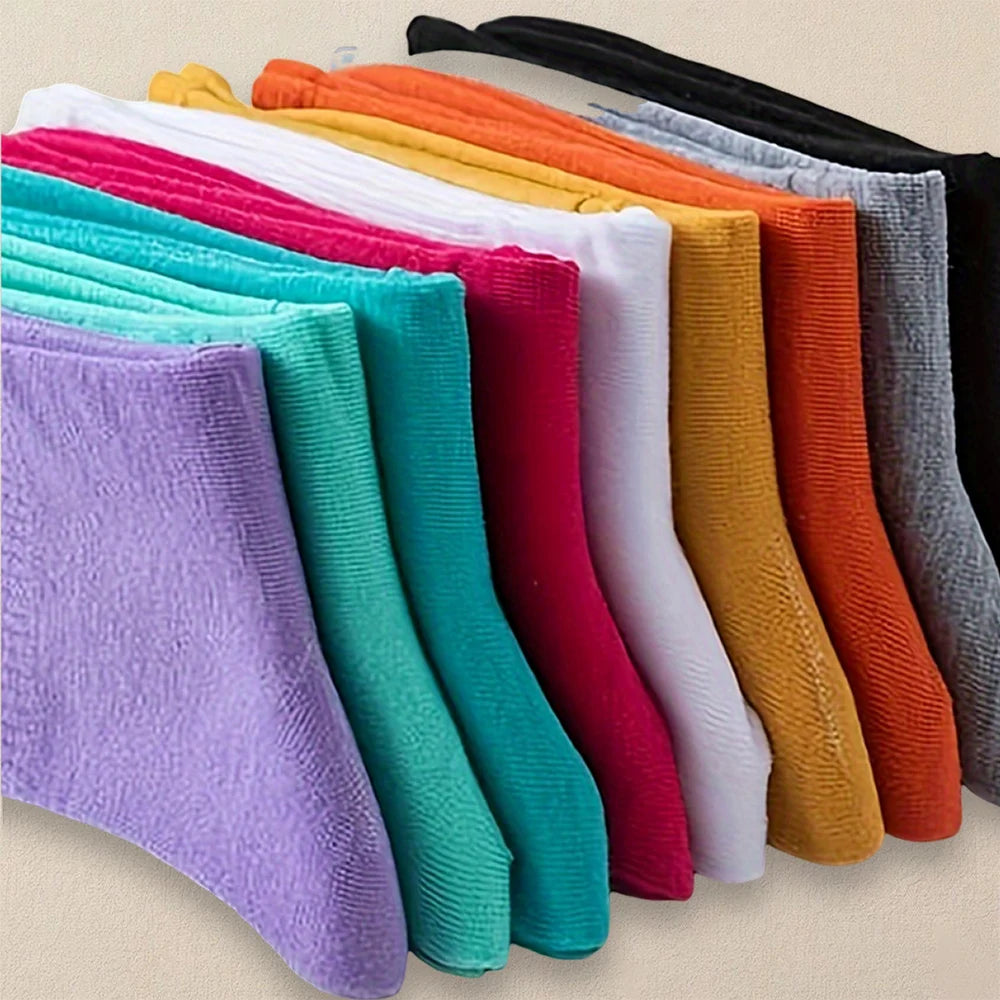 10 Paare Damen Rundhals-Socken | Mehrere Einfarbige Farben | Schlichte, Modische & Vielseitige Mittellange Freizeit-Socken Kaufschwan®