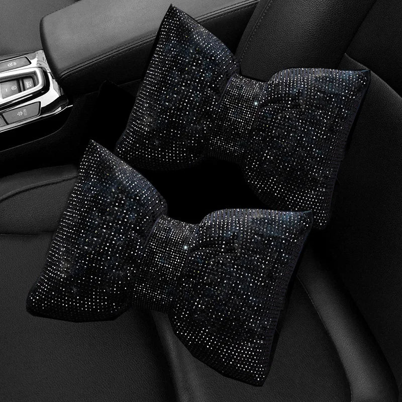 Funkelndes Strass-Auto-Nackenkissen-Set – Regenbogenfarbene Kopfstützenkissen für Fahrer- & Beifahrersitz Kaufschwan® Schwarze Schleife-2 Stück