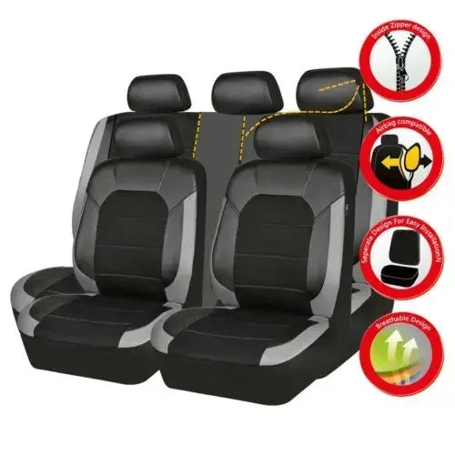 Universelles PU-Leder Autositzbezug-Set – Vollschutz für vorne & hinten, passend für 5-Sitzer Autos & LKWs Kaufschwan® 5 Sitze-Grau