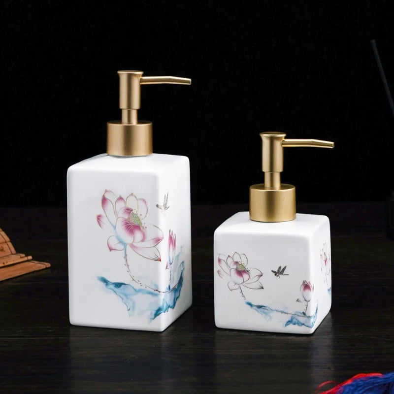 Blau-weiße Keramik-Lotion- und Desinfektionsmittelflasche – Quadratischer Spender für Shampoo, Duschgel & Badezimmer Kaufschwan®