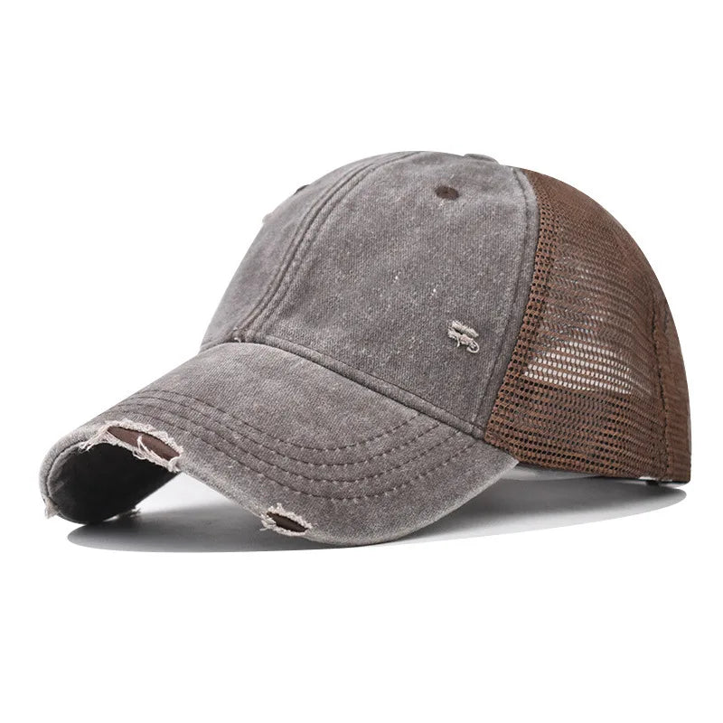 Washed Cotton Mesh Baseballkappe | Vintage Ripped Leichte Kappe für Herren & Damen | Atmungsaktive Frühlings- & Sommermode Kaufschwan® Kaffee