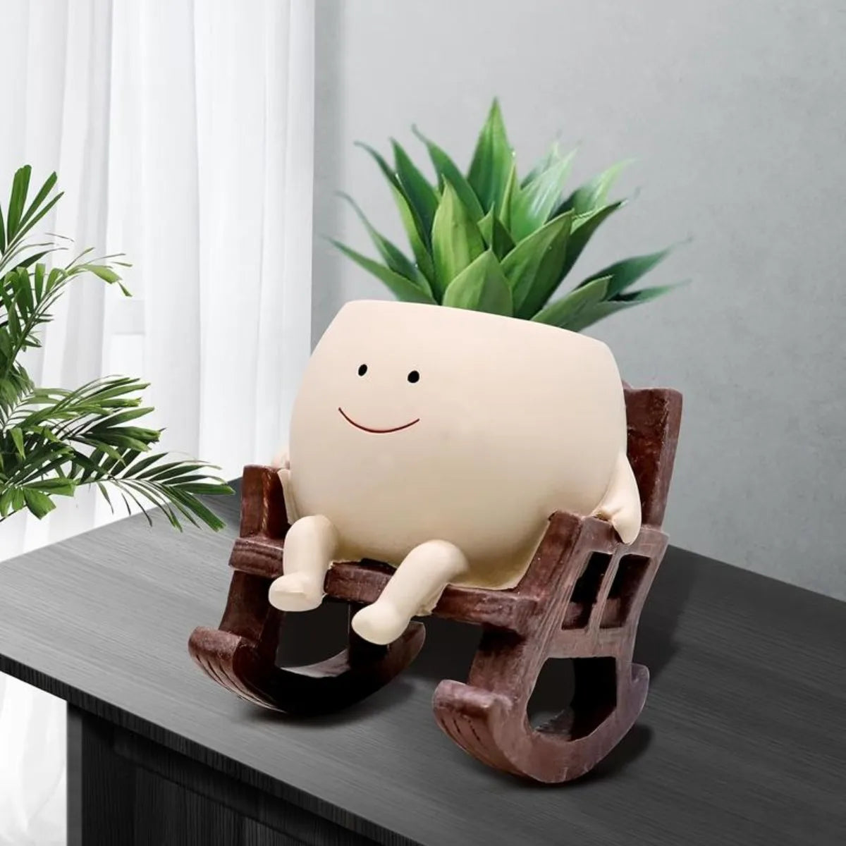 Niedlicher Sitzender Schaukelstuhl Sukkulenten Blumentopf mit Ablaufloch – Smiley Gesicht Cartoon Resin Pflanztopf für Zimmerpflanzen Kaufschwan®